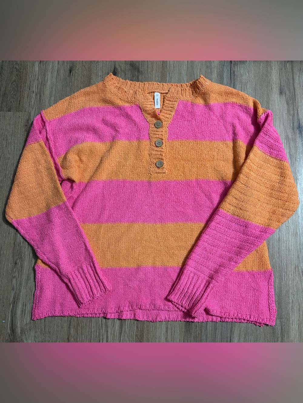 Wishlist - Striped Pink and Orange Button Henley Sweater - Size Small